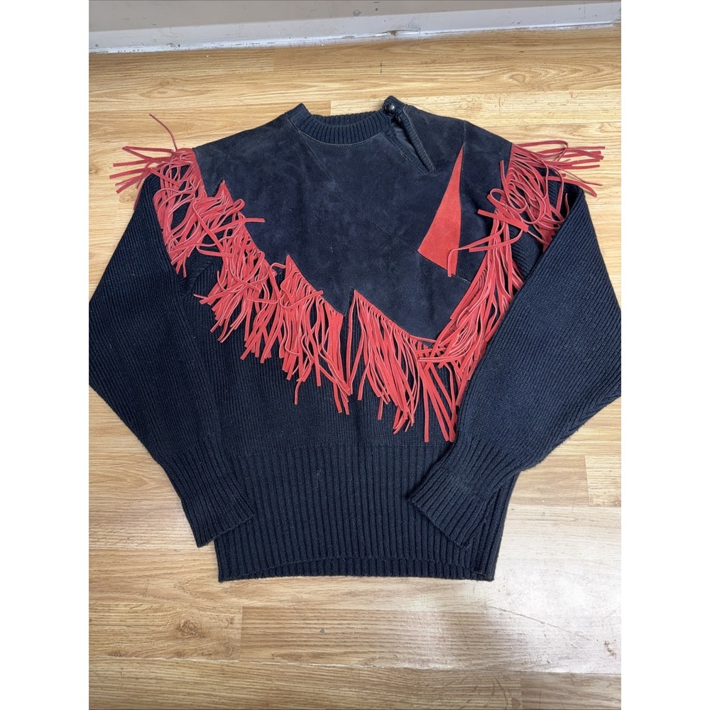 Vtg Pioneer Wear Sweater Fringe Leather Western  Country Red Black  Concert Sz L